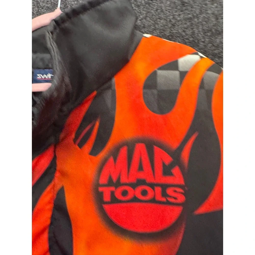 Swingster Mac Tools Racing Jacket Flame Checkered Flag Bomber Black Orange Mens